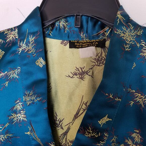 Old Shanghai VTG Asian Blue Gold Kimono Robe 3/4 Sleeves Pockets One Size - Picture 2 of 8